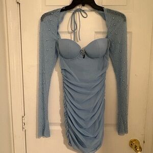 Oh Polly Light Blue Ruched Dress with Beaded Sleeves